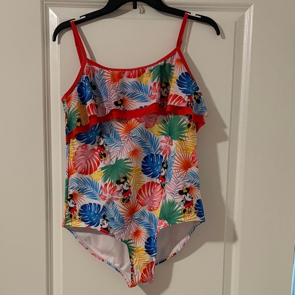 Disney Women One Piece Swimsuit with Red and Blue Tropical Print - Picture 1 of 2